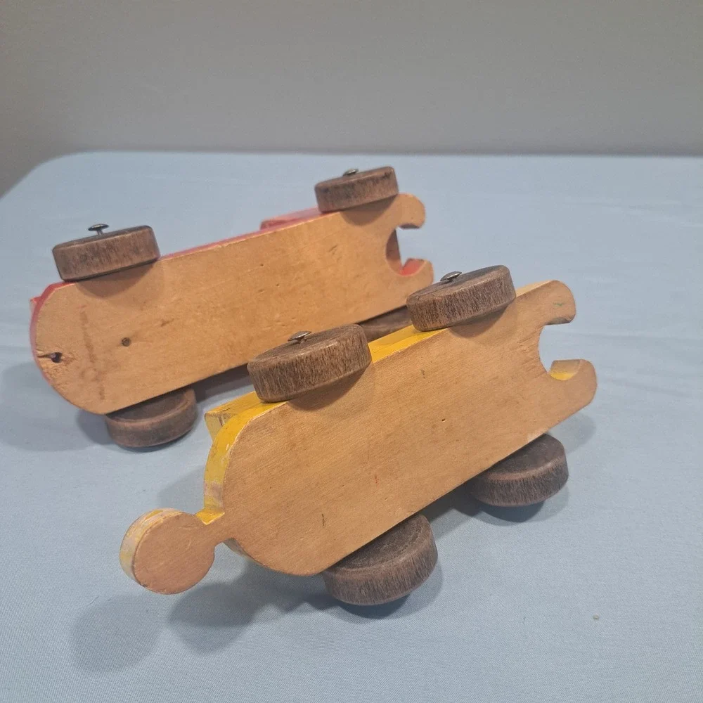 VTG Nicoltoys Wooden Train Engine & Wagon Red Yellow Made in England Rustic Toy